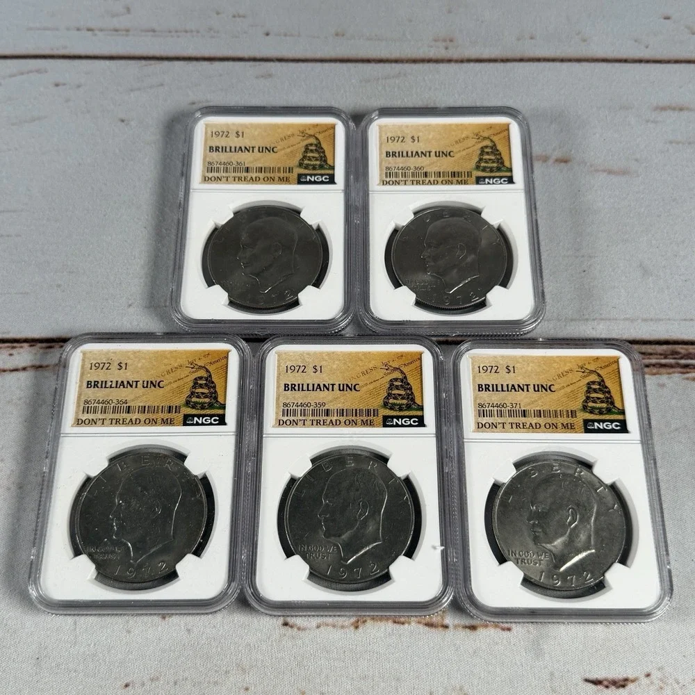 (5) 1972 Eisenhower Dollar Type 2 NGC Brilliant Unc (Don't Tread on Me Label)